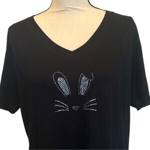 Rhinestone Cute Easter Bunny T-Shirt Short Sleeve V-Neck Black Tee NEW Sparkly!